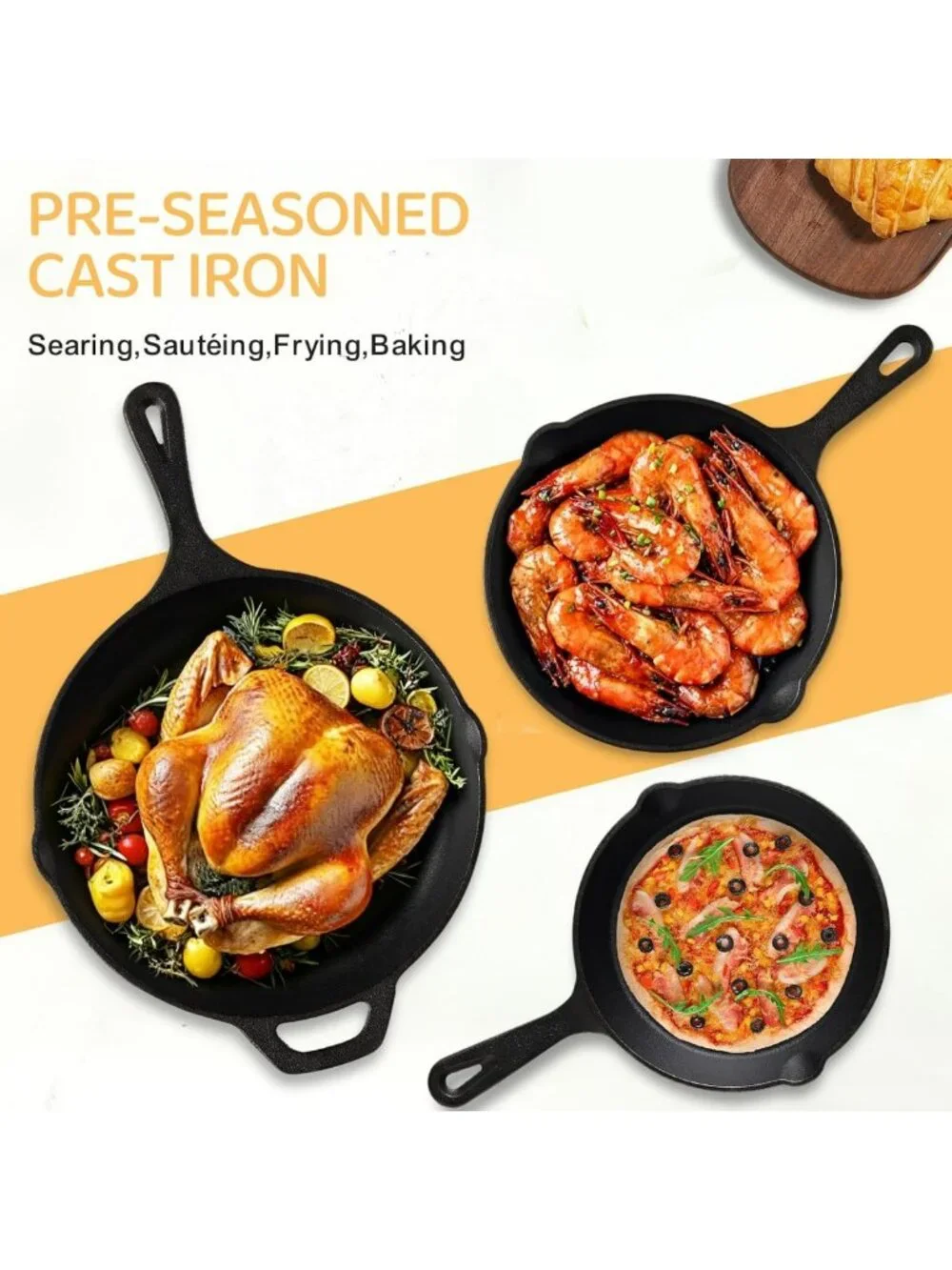 3-Piece Cast Iron Skillet Set - Pre-Seasoned Cookware for Frying & Sautéing, 6